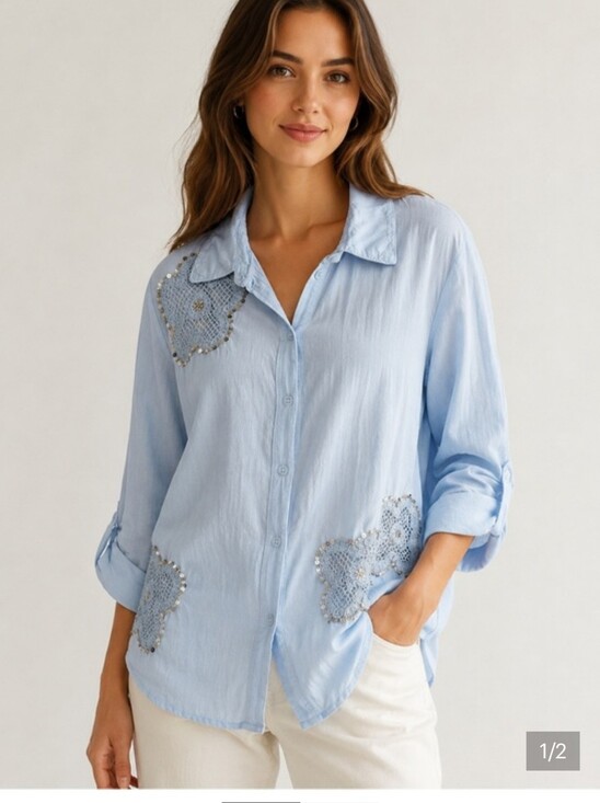 Tops - Made In Italy 100% Cotton Embroidery Seqined Light Buttoned Up Shirt Top
